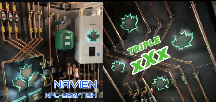 Split image of HVAC installation in BC: copper pipes, valves, green tank, Navien water heater, and TRIPLE XXX maple leaf wall design.