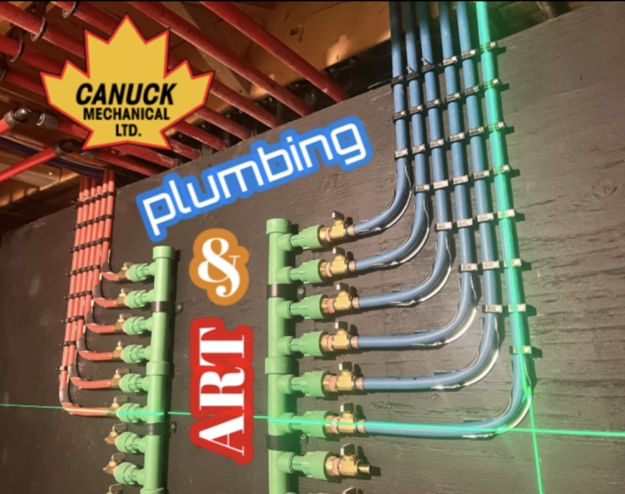 Neatly arranged pipes and valves on a wall display “CANUCK MECHANICAL LTD.”—showcasing precise, expert plumbing in BC.
