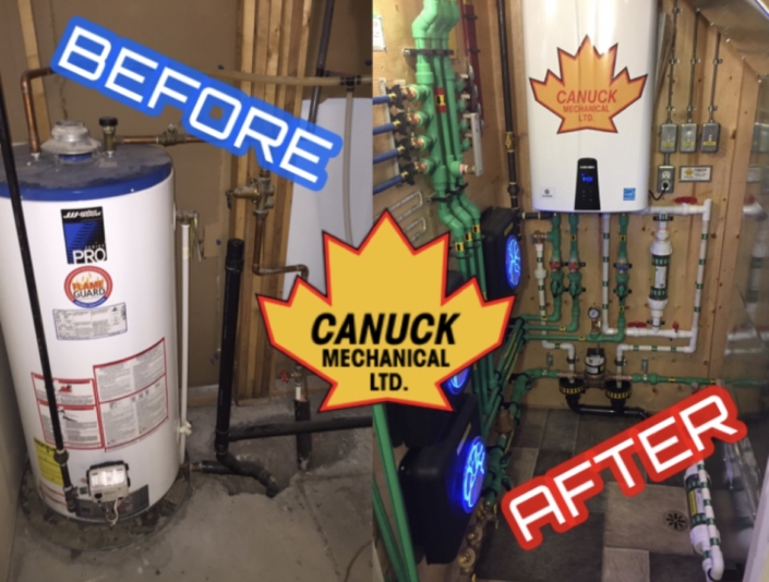 Before-and-after of old vs. new water heater systems, Canuck Mechanical Ltd. logo centered—expert HVAC upgrades in BC.