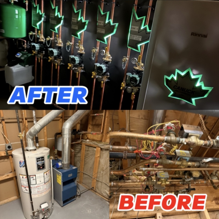 Split image: Top shows modern tankless water heaters with green maple leaf logos; bottom shows old water heater in BC basement.