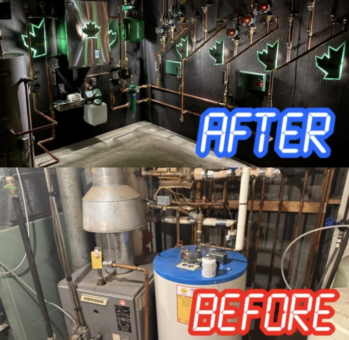 Split image of a messy old boiler room before and a modern, organized HVAC utility room after in British Columbia.