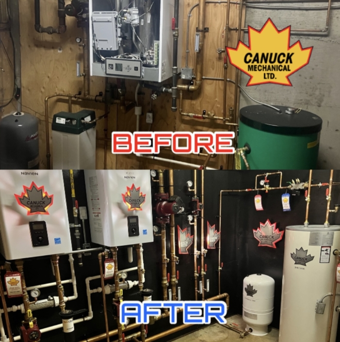 Boiler room before and after Canuck Mechanical’s HVAC renovation in BC—old units replaced with modern, organized branded systems.