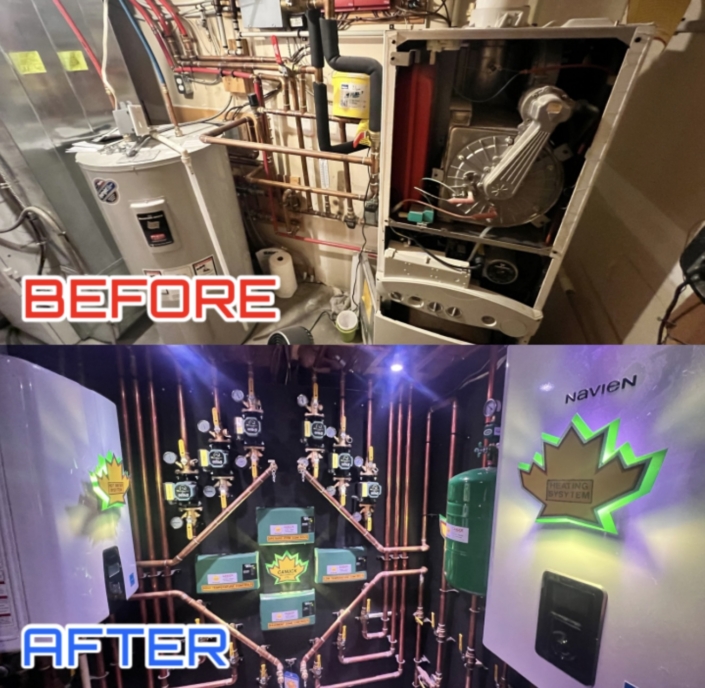 Before: Outdated water heater and visible pipes. After: Upgraded HVAC system in BC with modern equipment and green-lit logos.