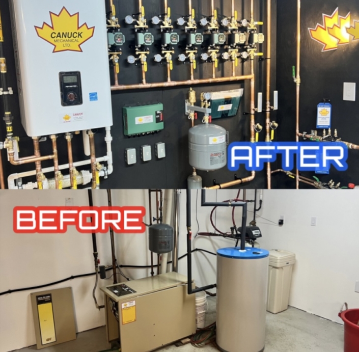 Before-and-after of HVAC room upgrade in BC: outdated equipment replaced with modern pipes and CANUCK MECHANICAL LTD controls.