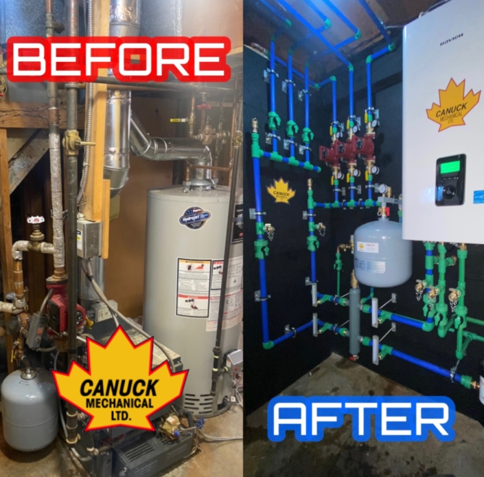 Before-and-after of water heater upgrade by Canuck Mechanical Ltd., showing old vs. new HVAC system in British Columbia.